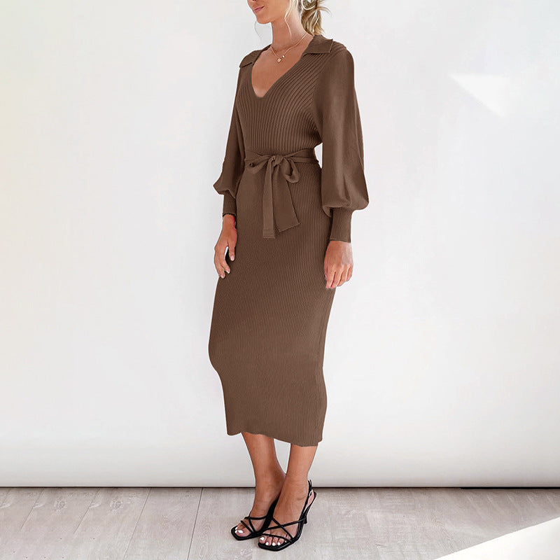 Retro Lightly Mature Lantern Sleeve Solid Dresses