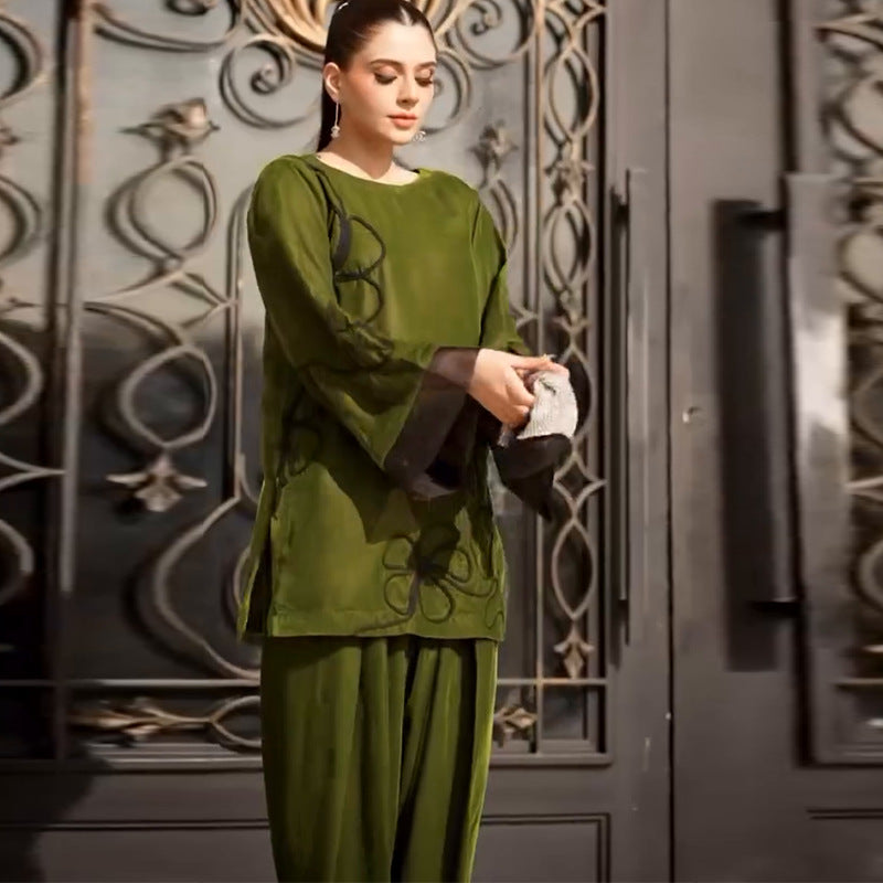 Women's Split Retro Casual Loose Temperament Green Suits