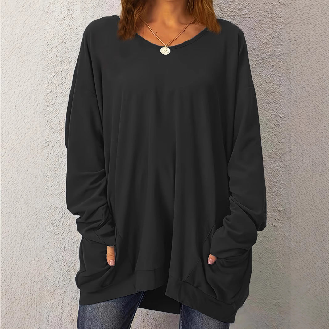 Women's Pullover Long-sleeved Double Pocket Solid Color Tops