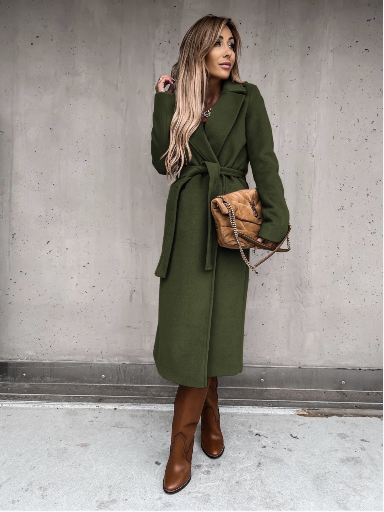 Women's Solid Color Polo Collar Long Sleeve Tied Coats