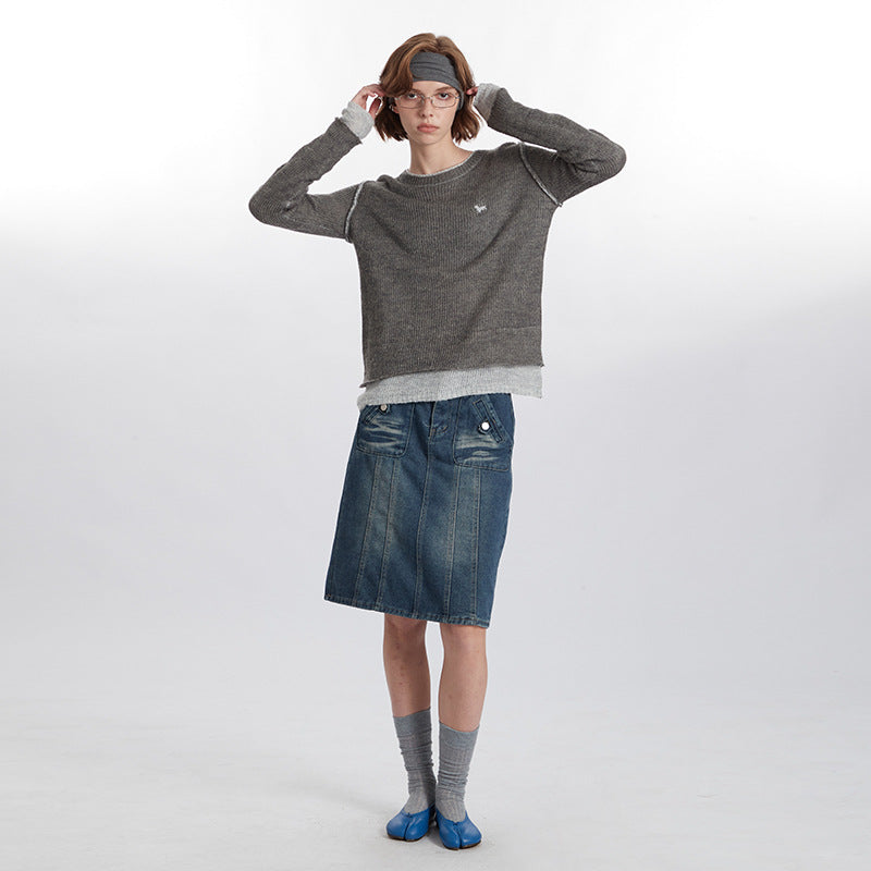 Women's Color Pullover Round Neck Stitching Design Knitted Sweaters