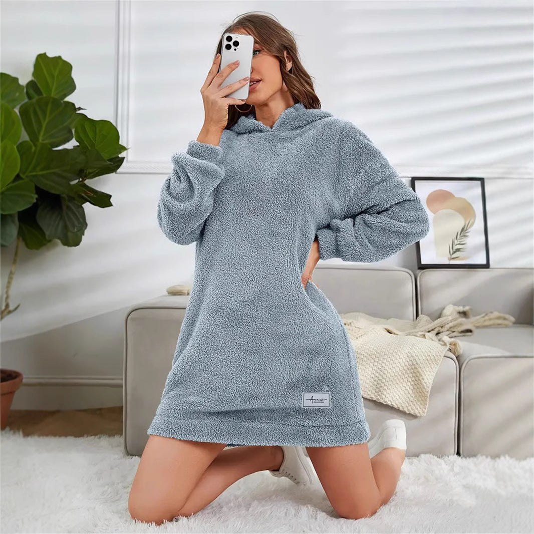 Women's Hooded Long-sleeved Plush Dress Loose Hoodie Women's Sweater, Sweater