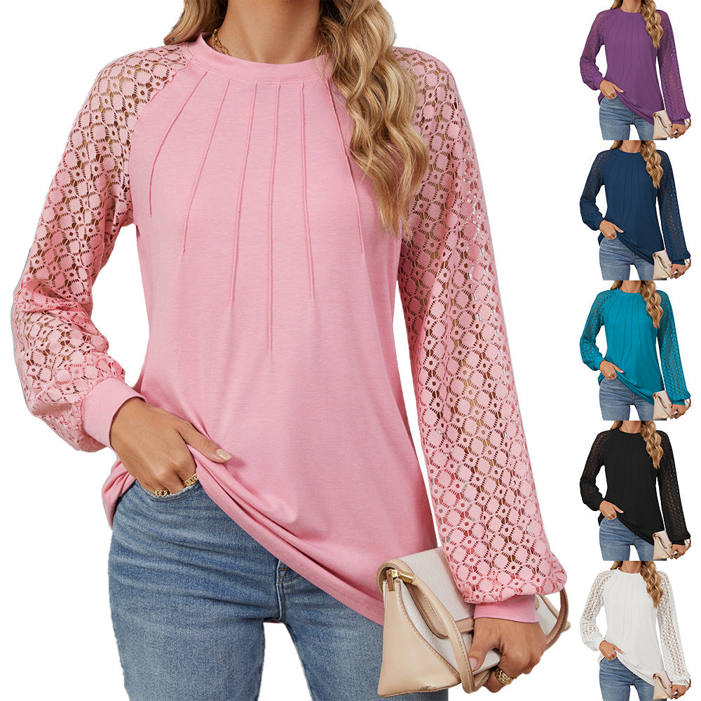 Women's Lace Patchwork Round Neck Long Sleeve Tops