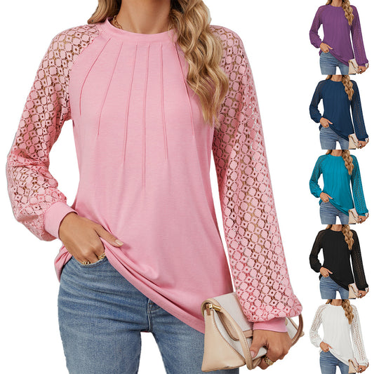Women's Lace Patchwork Round Neck Long Sleeve Tops