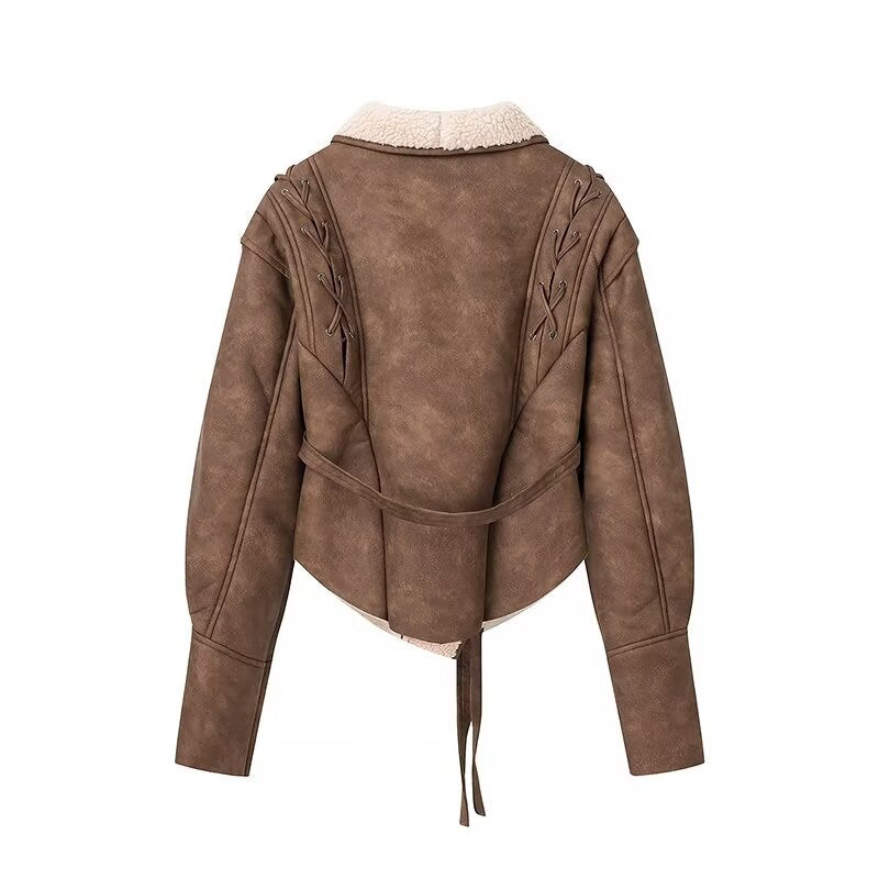 Women's Suede Leather Waist Trimming Lace Up Coats