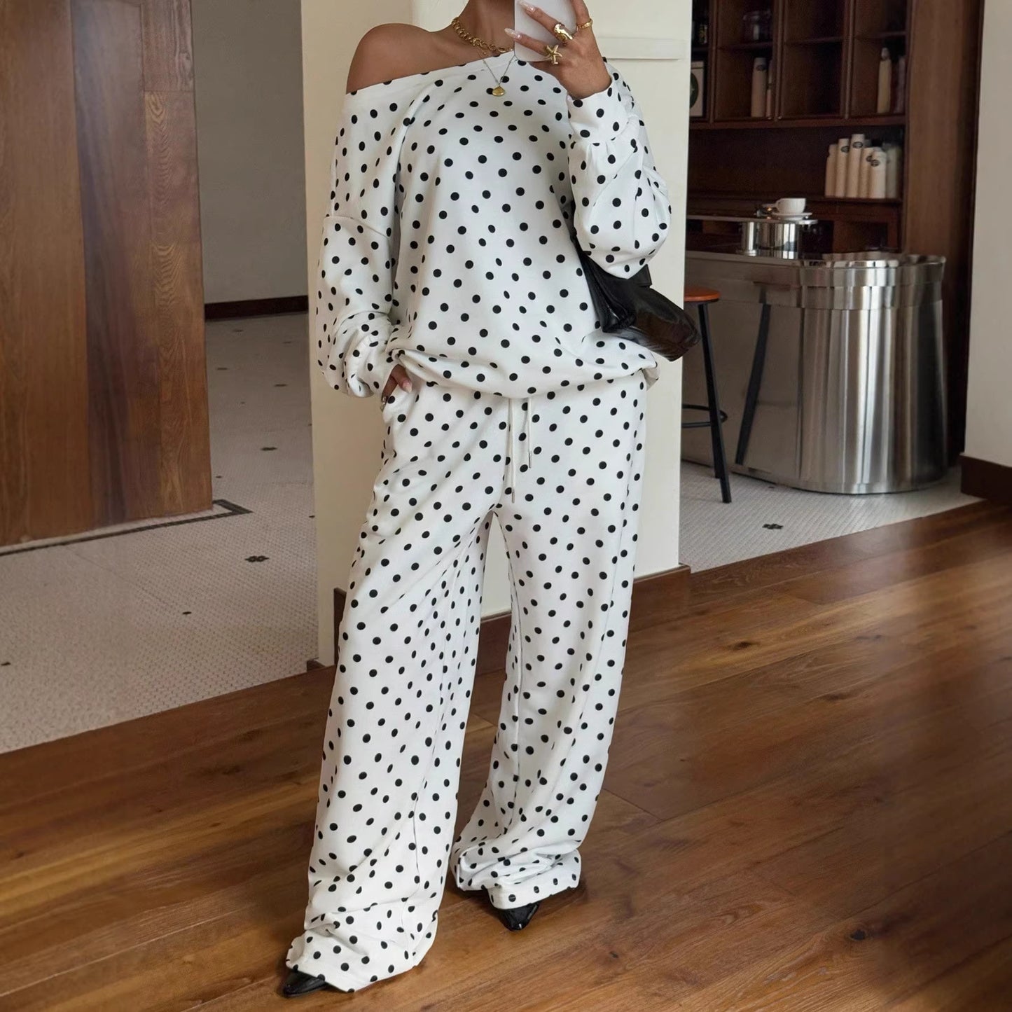 Women's Polka Dot Diagonal Collar Long Sleeve Pocket Drawstring Suits