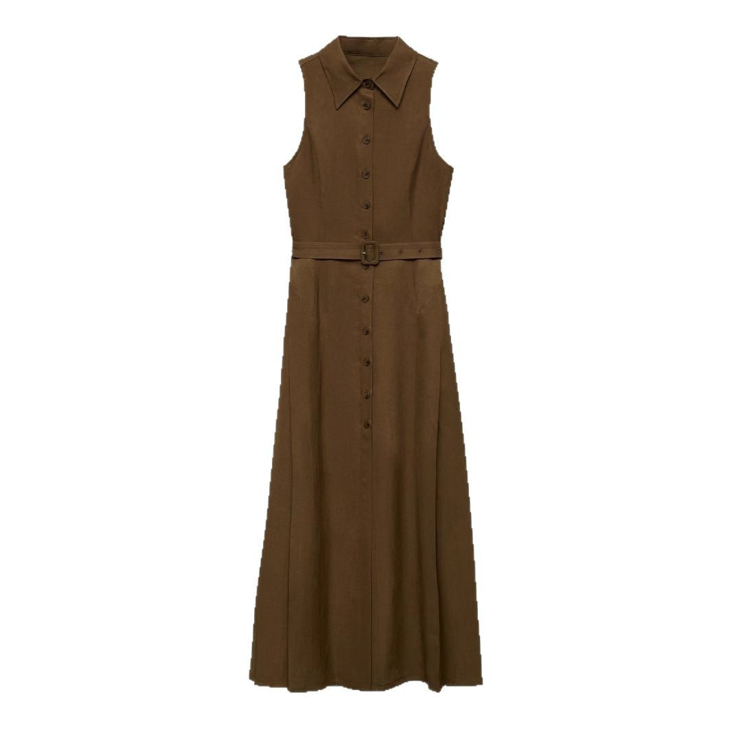 Sleeveless Solid Color Waist Tight Shirt Dresses