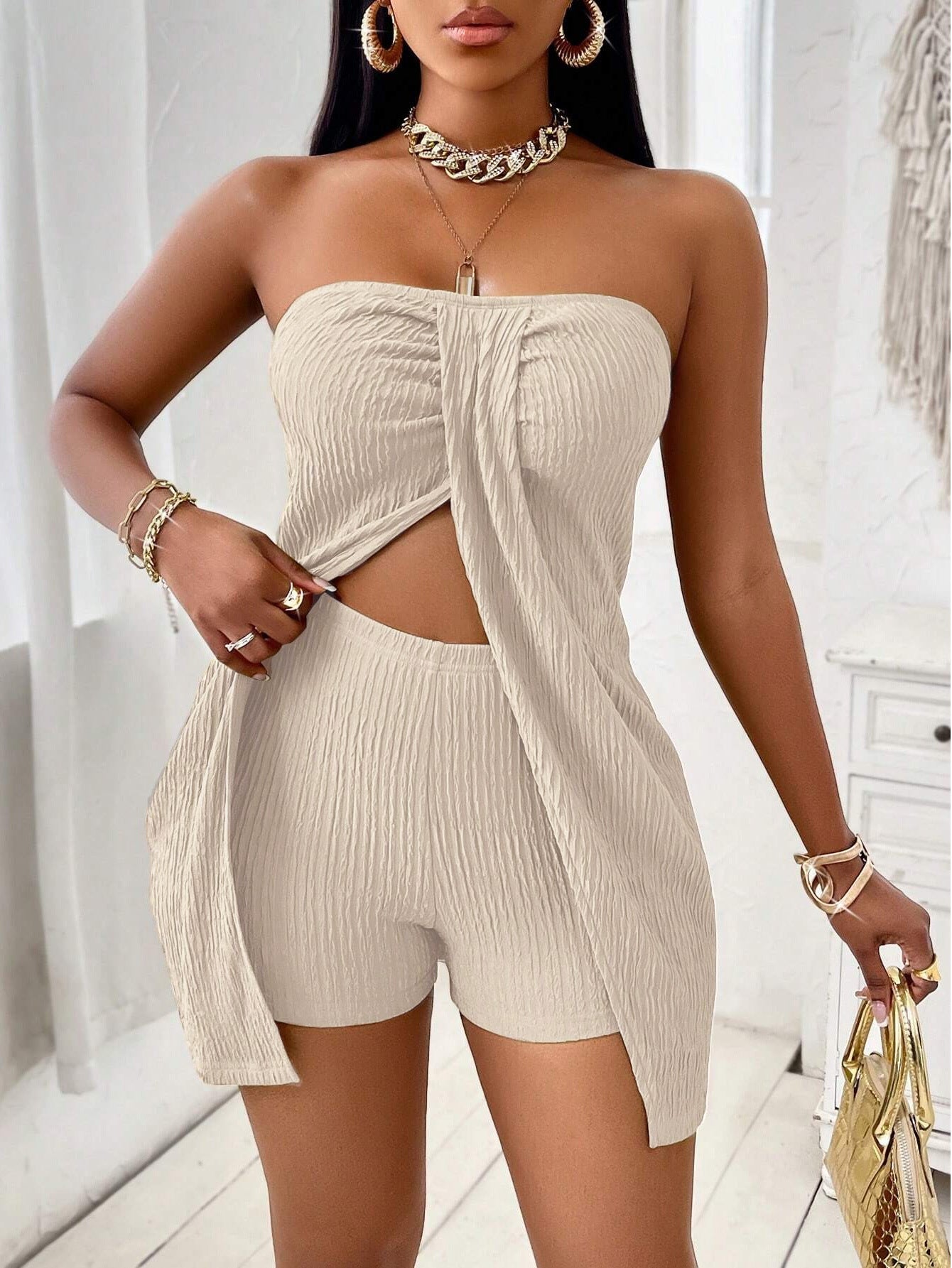 Classy Cool New Solid Color Strapless Fashion Casual Suit