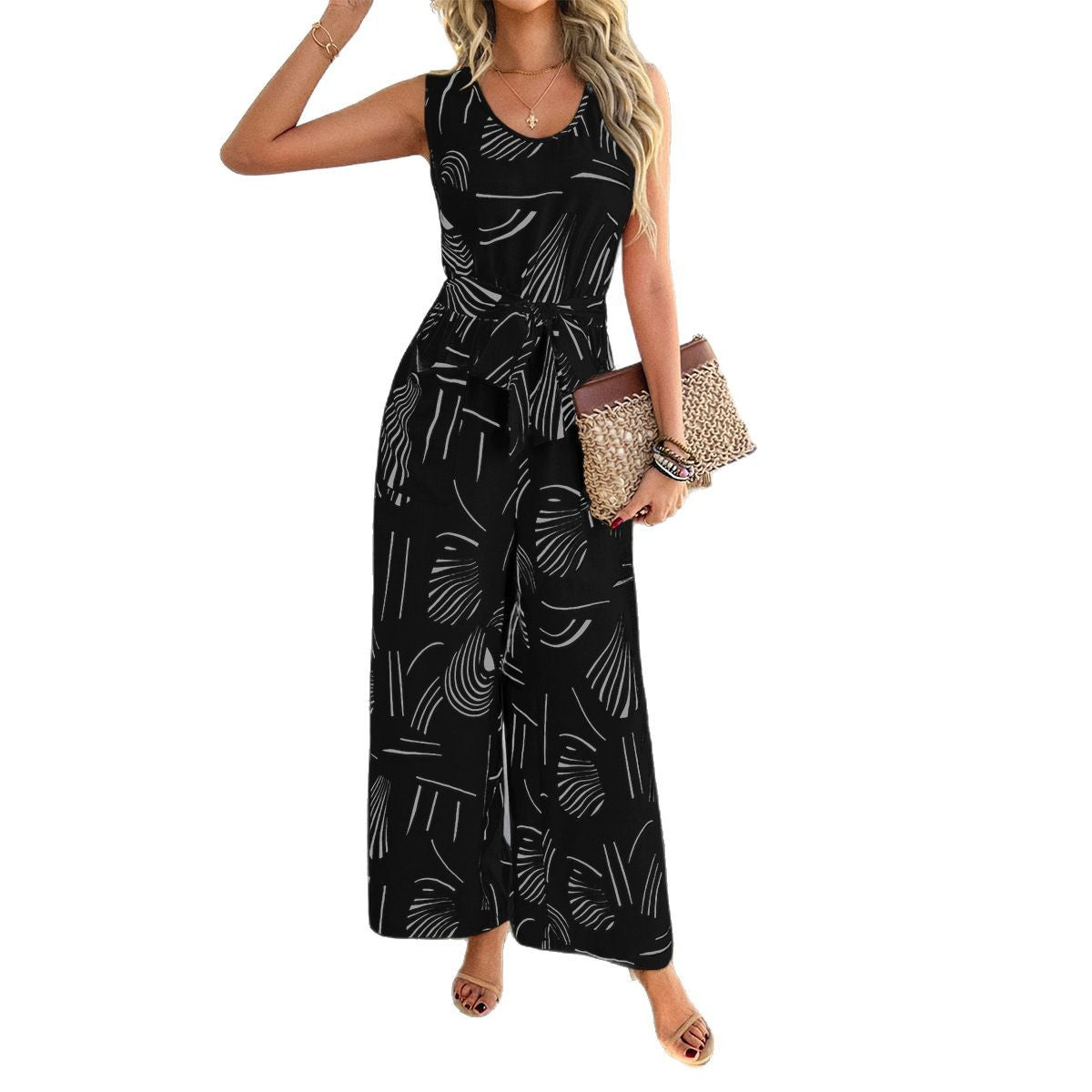 Women's Casual Vacation Style Rayon Printed High Waist Pocket One-piece Clothing