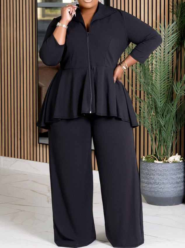 Women's Long Sleeve Lapel Zipper Wide Leg Suits