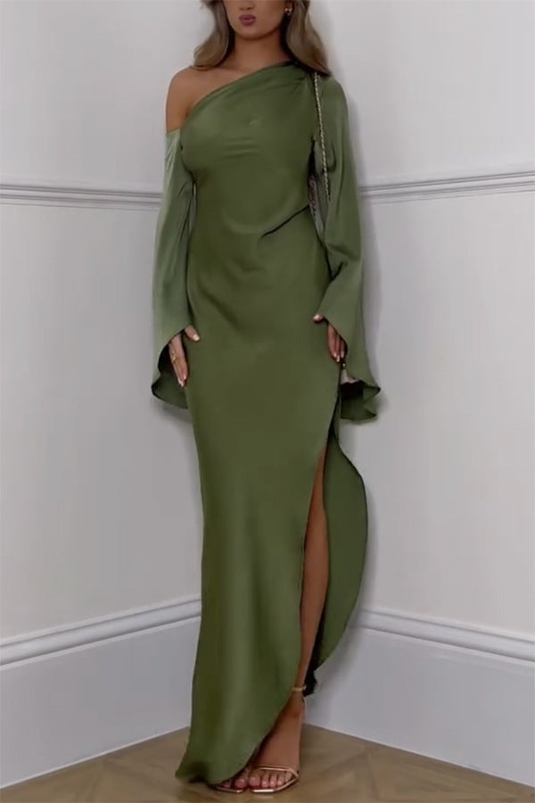 Women's Shoulder Dress Solid Color Slim Fit Slit Dresses