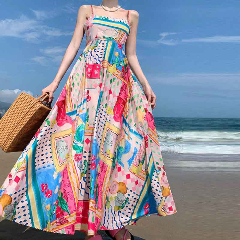 Women's Elegant Painted Print Large Swing Strap High Dress
