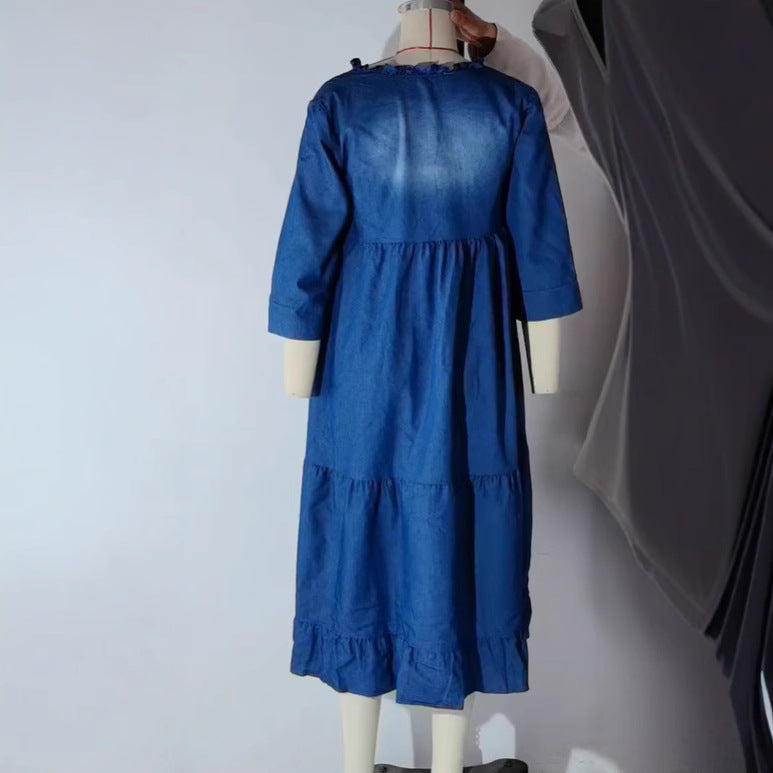 Washed Denim Mid-length Pleating Swing Long Dresses
