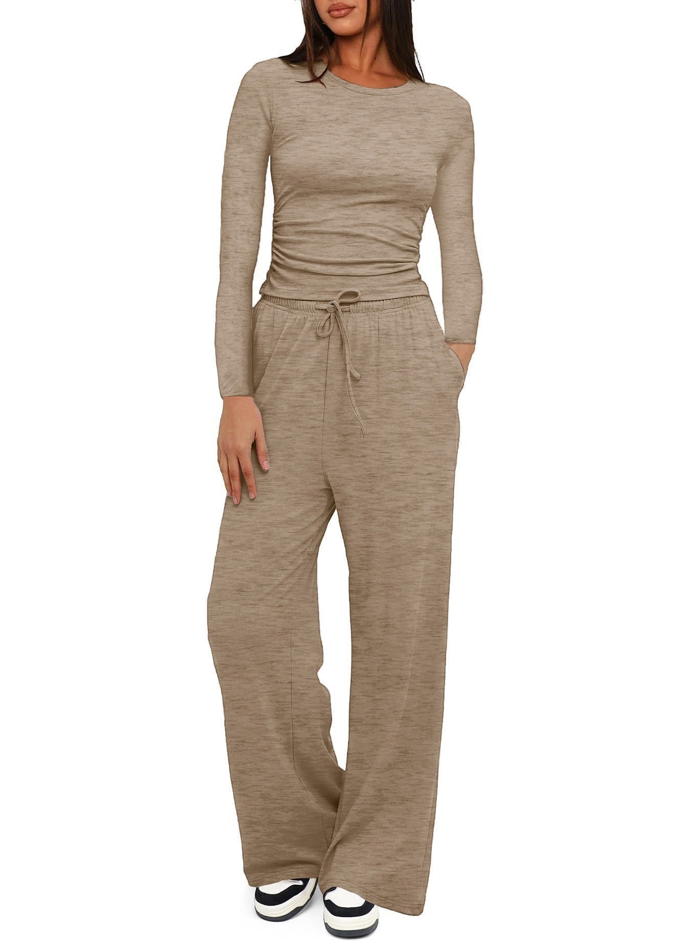 Solid Color Long Sleeves Outfit High Waist Wide Tops