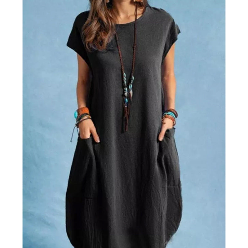 Women's Cotton Linen Loose Casual Solid Color Pocket Dress