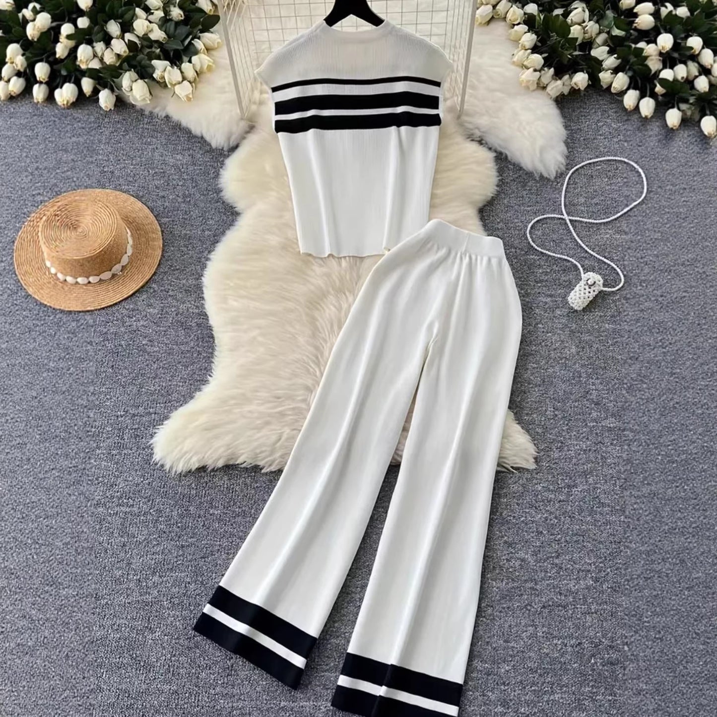 Women's Sleeveless Knitted Two-piece High Waist Straight Suits