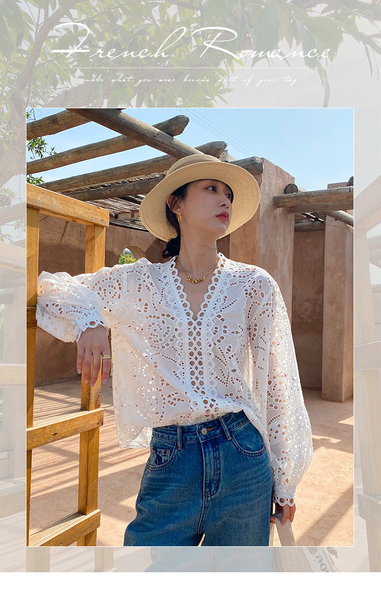 Women's Cotton Embroidered French White Shirt Long Blouses