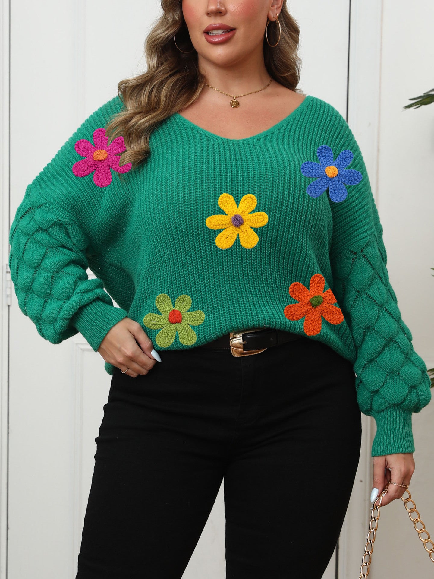 Women's Stitching Deep V Bottoming Shirt Three-dimensional Wool Embroidered Sweaters