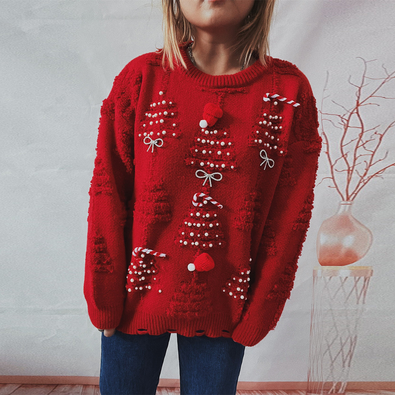 Handmade Pearl Christmas Theme Three-dimensional Decoration Sweaters