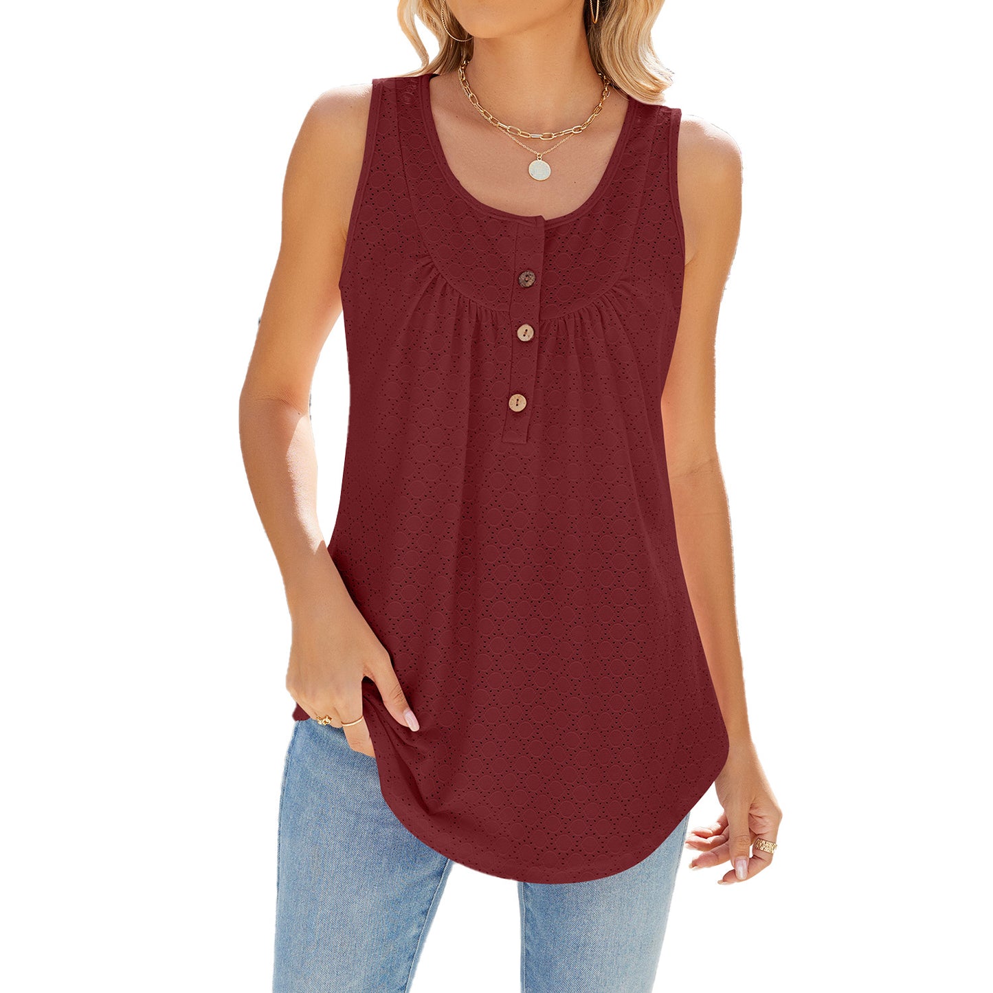Summer Solid Color Round Neck Button Women's T-shirt