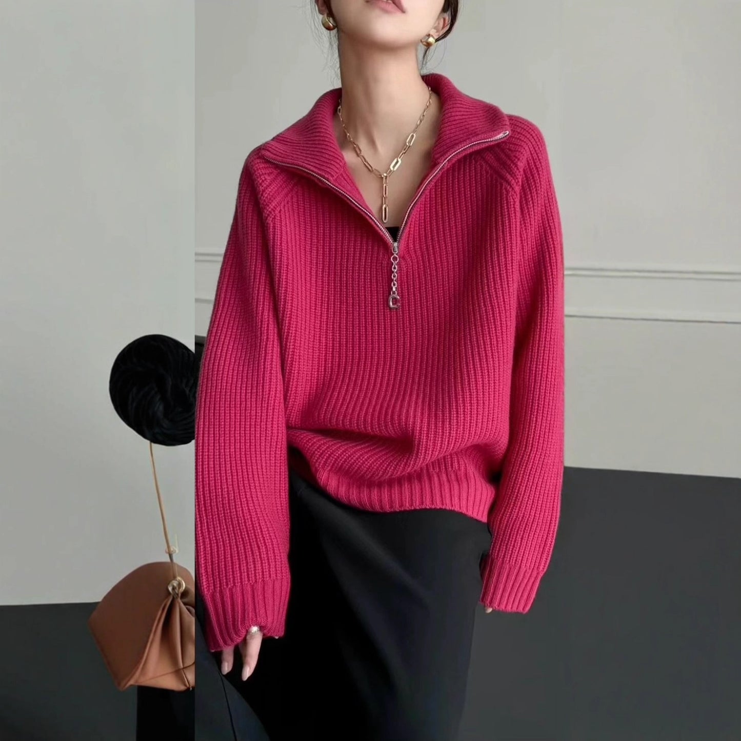 Women's Thick Fashion Design Lapel Zipper Solid Sweaters