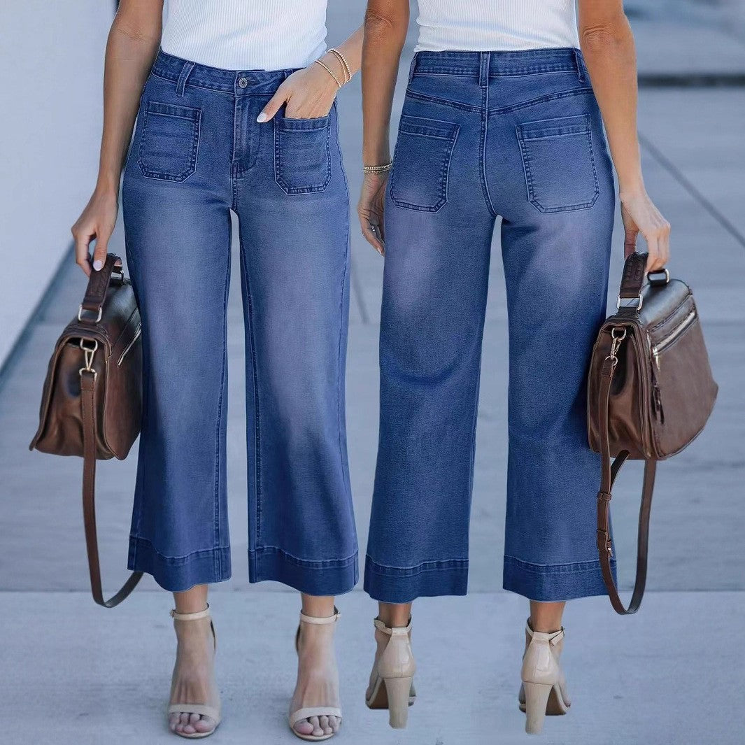Loose Slimming Wide Leg Washed Cropped Women's Jeans