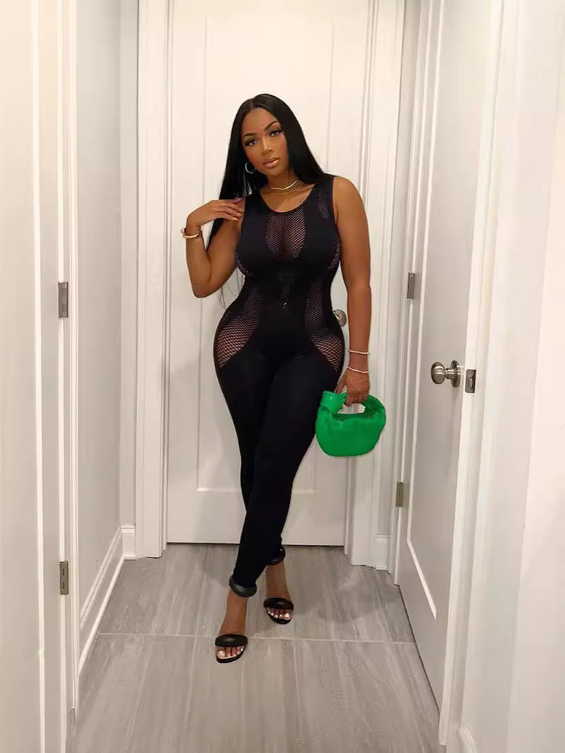 Women's Sexy Cutout Knitted Crocheted Sleeveless High Waist Women's Jumpsuit/clothing