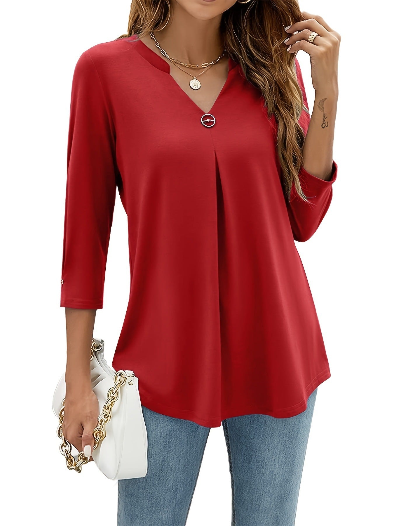 Women's Three-quarter Sleeve Solid Color Clinch Pleated Women's T-shirt