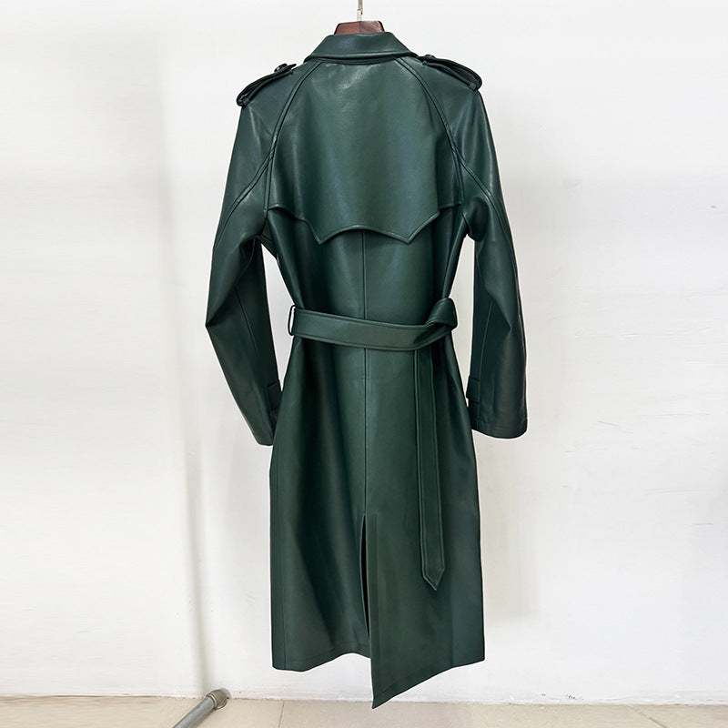 Fashionable Double-breasted Belt Mid-length Leather Wind Coats