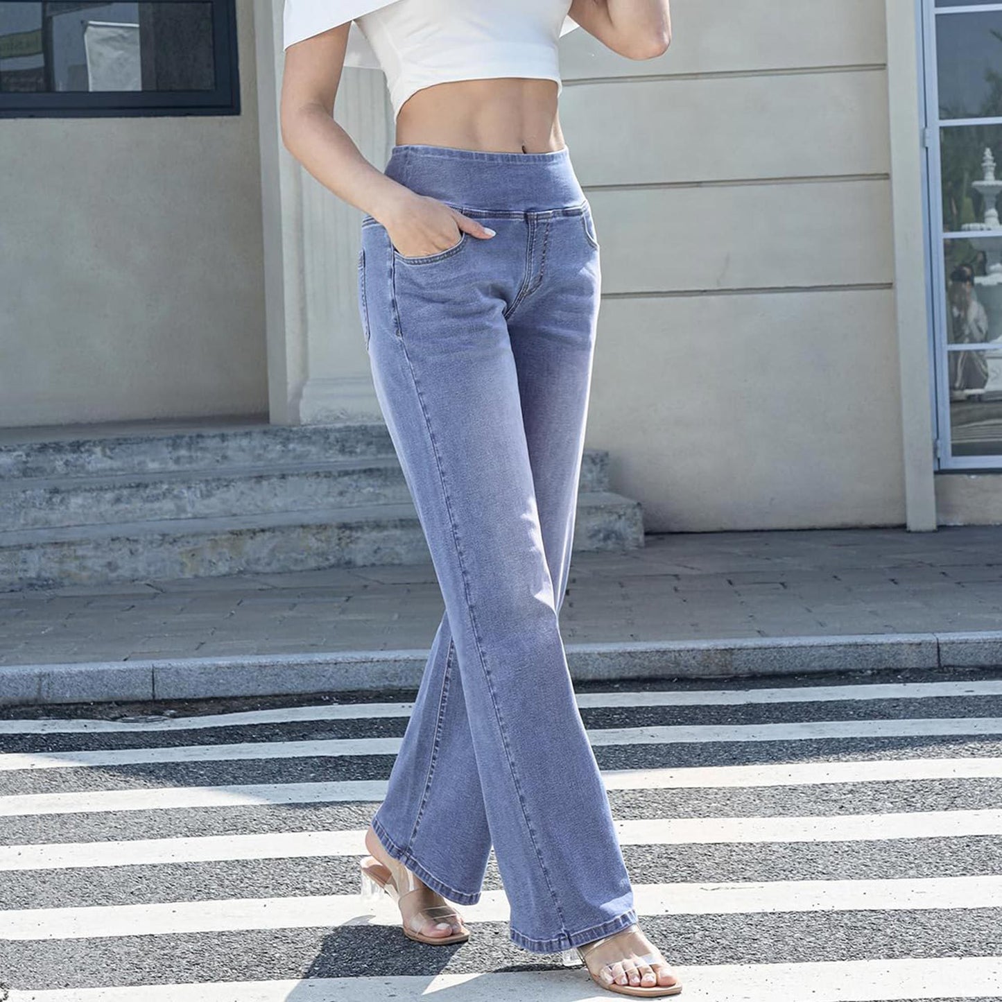 Women's Elastic Fashion Belly Contracting Strap Pocket Jeans