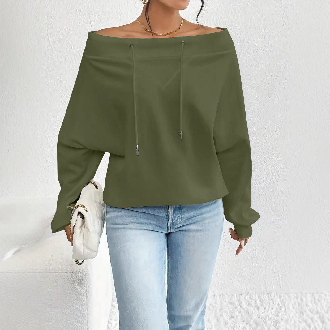 Women's Oblique Shoulder Loose Casual Drawstring Sweatshirt Women's Sweater, Sweater