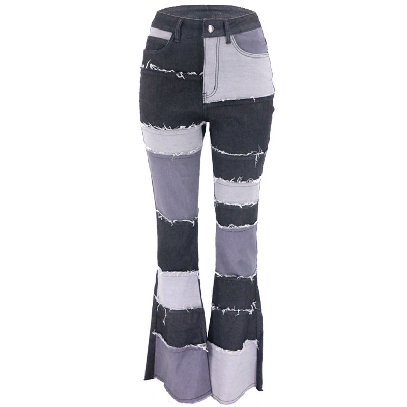 Women's Color Contrast Patchwork High Waist Tight Hip Horn Jeans