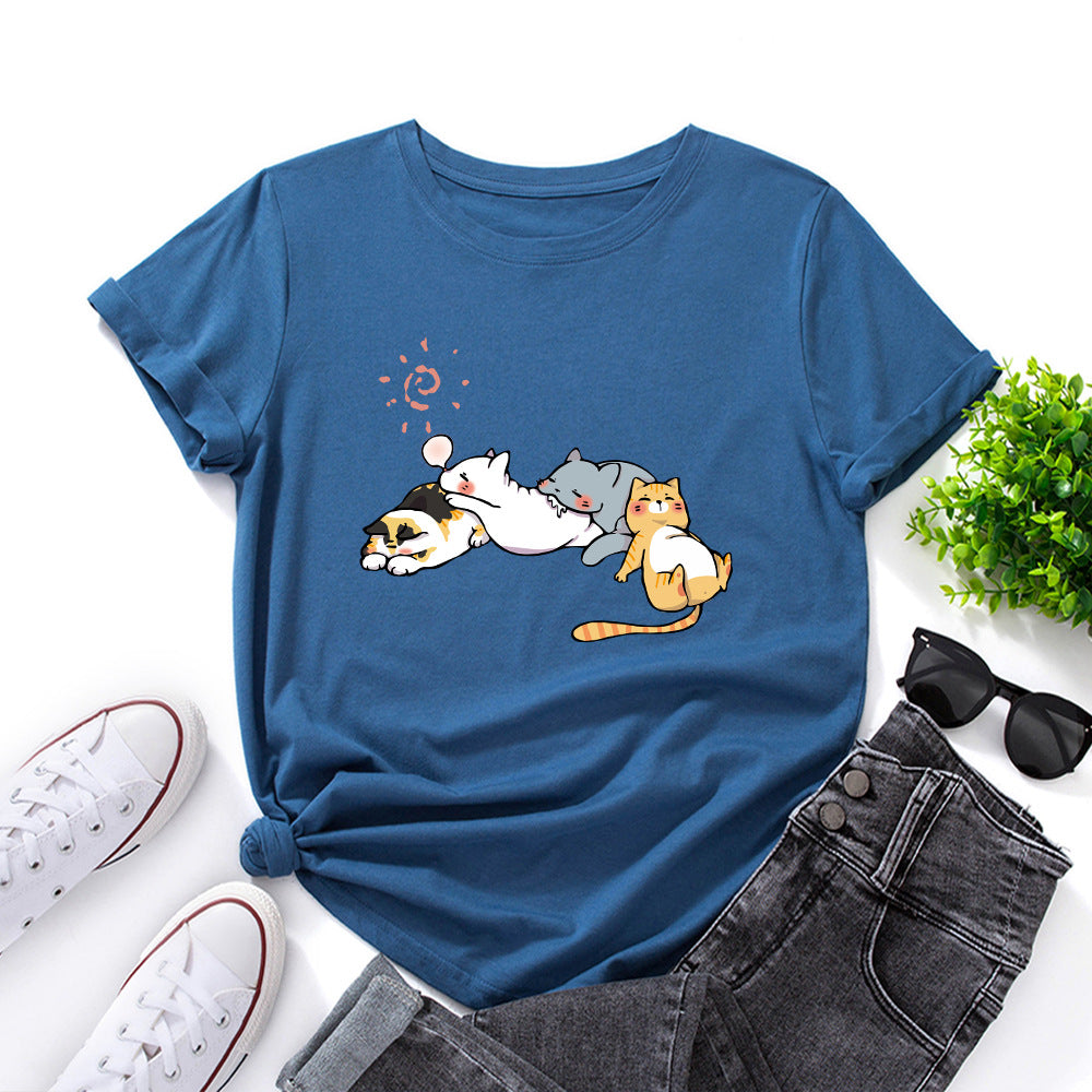 Women's Sleeping Cat Printing Loose Round Neck Sleeve Women's T-shirt