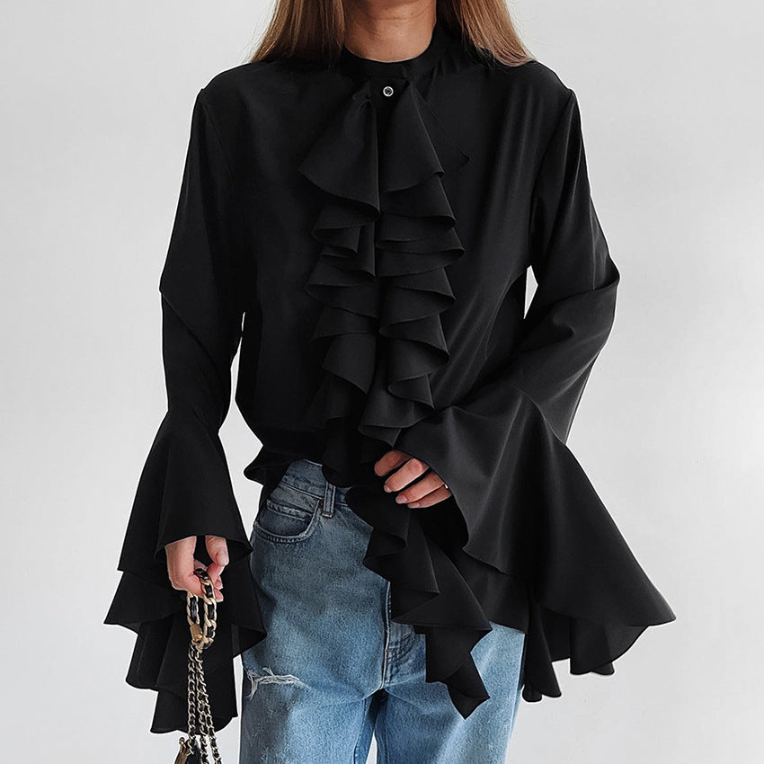 Women's Design Ruffled Long-sleeved Shirt Elegant High-grade Blouses