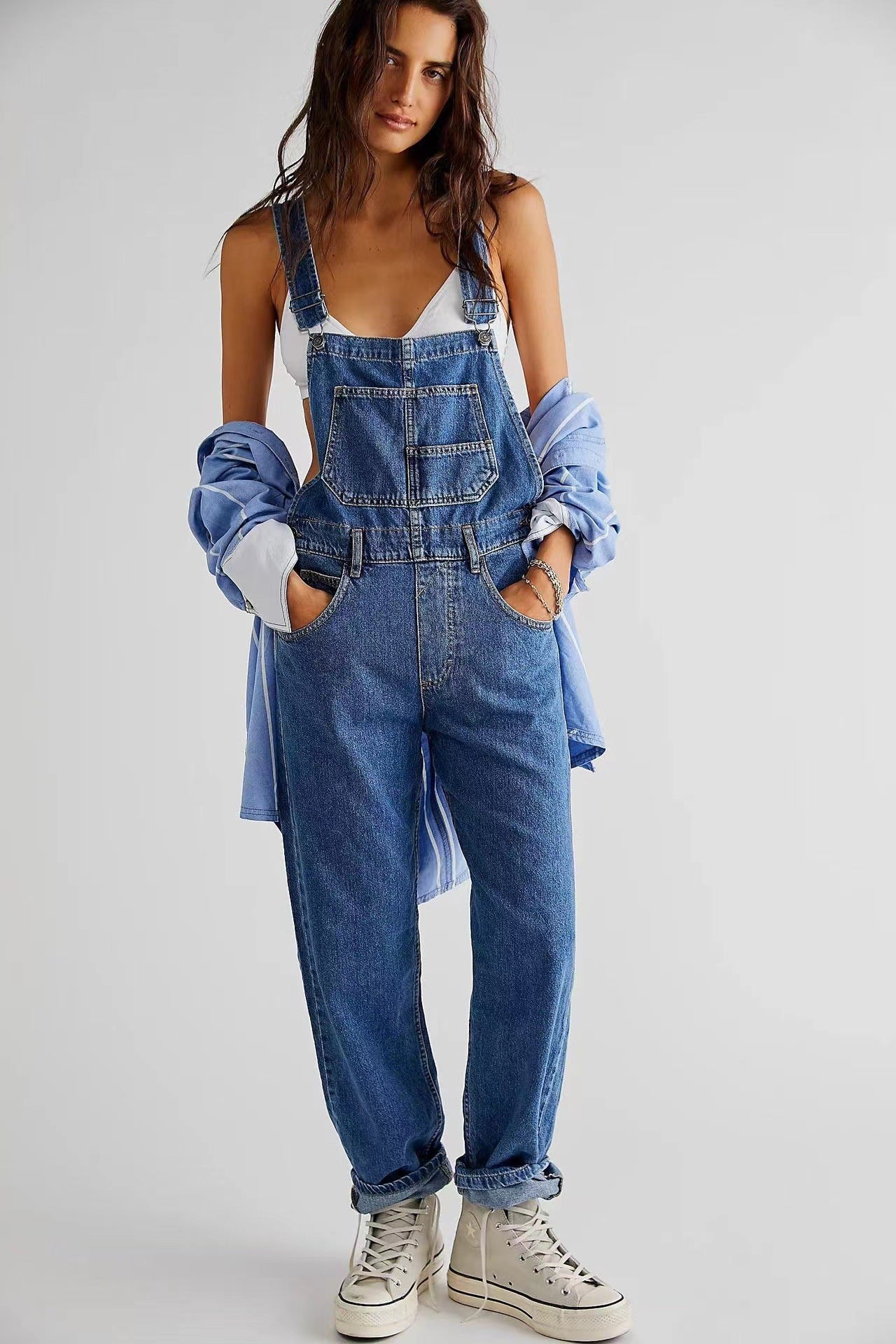 Women's Casual Loose Wash Pocket Strap Denim Jumpsuits