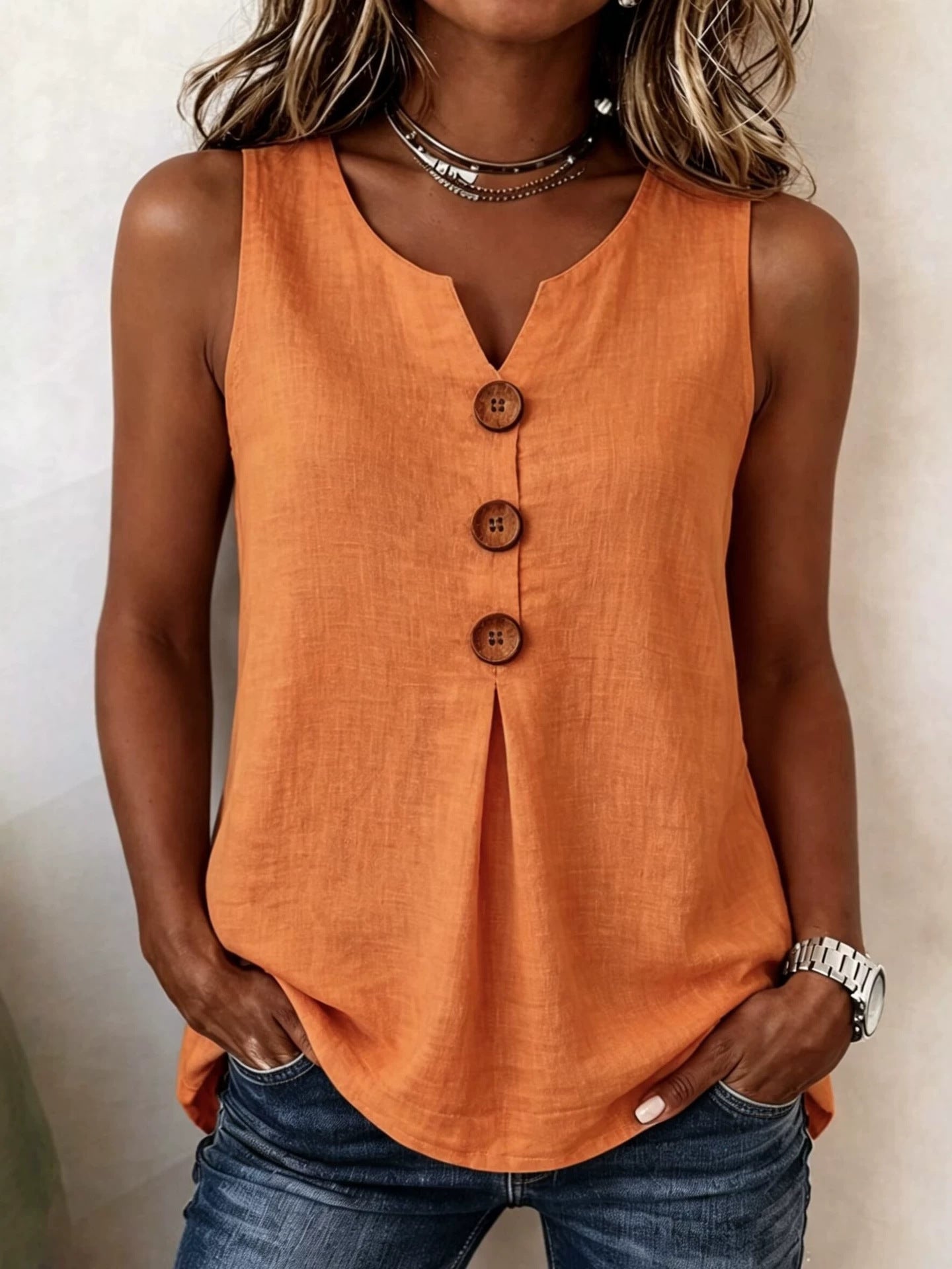 Classic Women's Cotton Linen Button Sleeveless Women's T-shirt