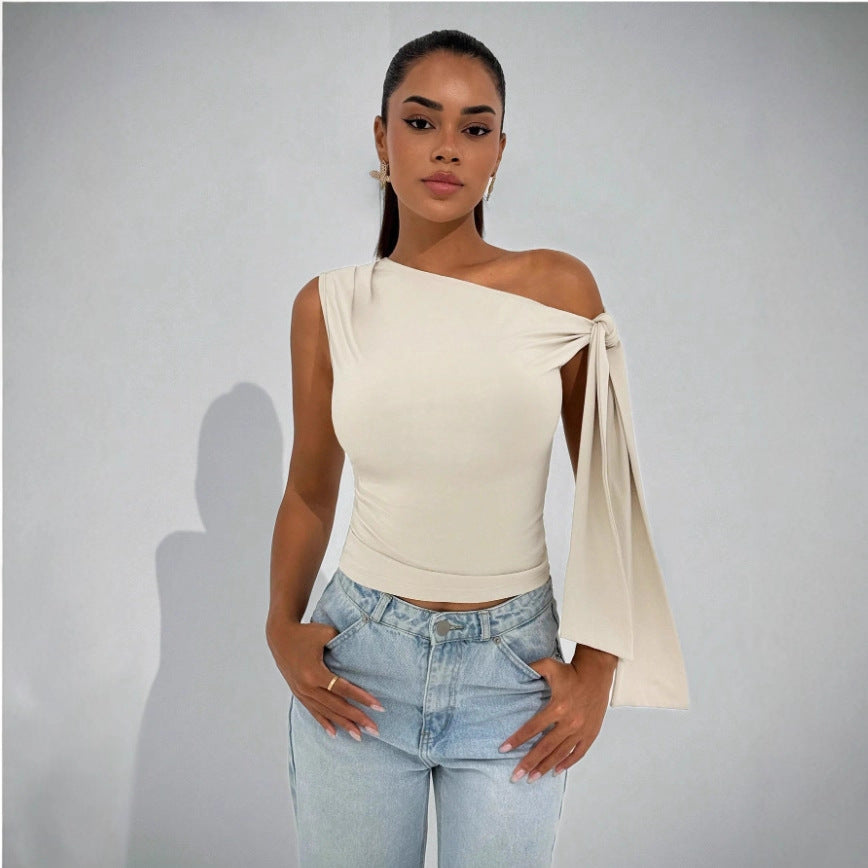 Women's Summer Fashion Street Shooting Ribbon Knot Oblique Tie Solid Color Women's T-shirt