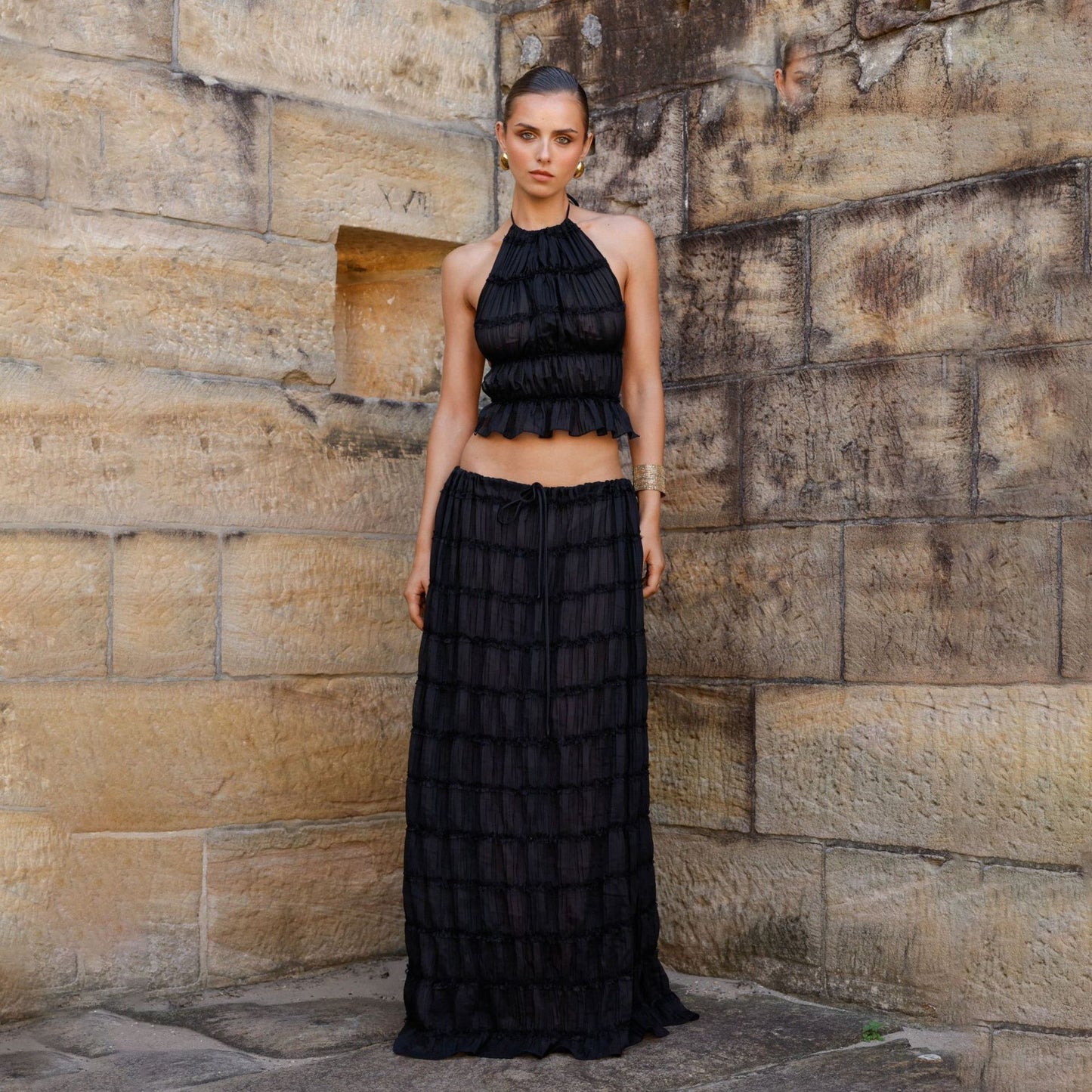 Wooden Ear Chiffon Pleated Dress Two-piece Suits