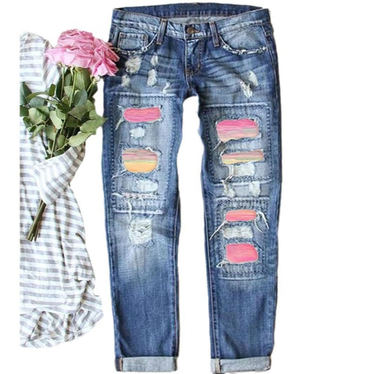 Leopard Ripped Printed Casual Loose Washed-out Jeans