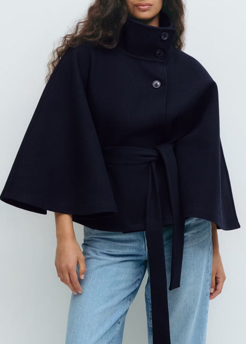 Women's Solid Color Cloak Stand Collar Button Coats