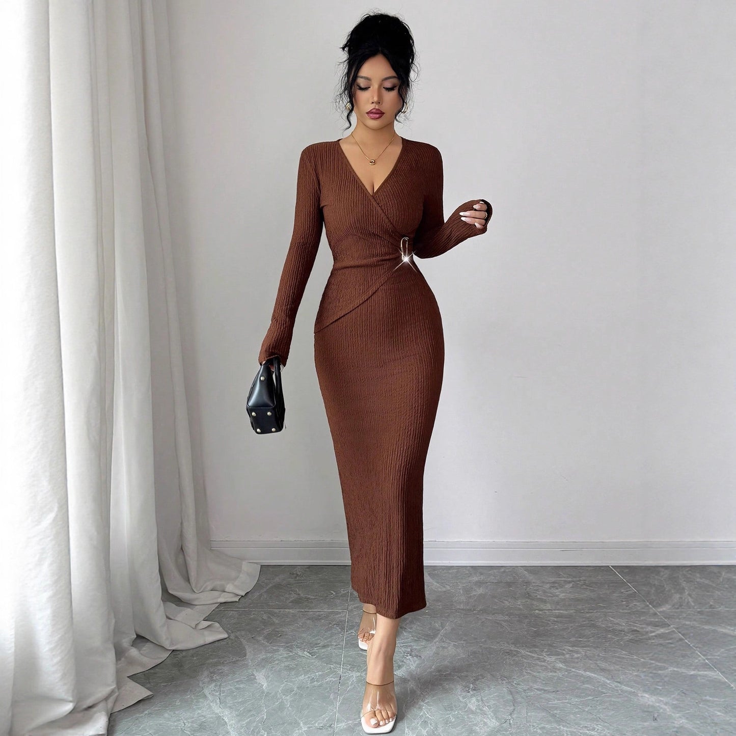 Women's Collar Knitted Texture Solid Color Slim Dresses