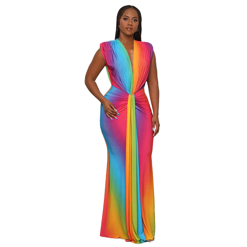 Women's Wear Sleeveless Printed Sexy Deep V Dresses