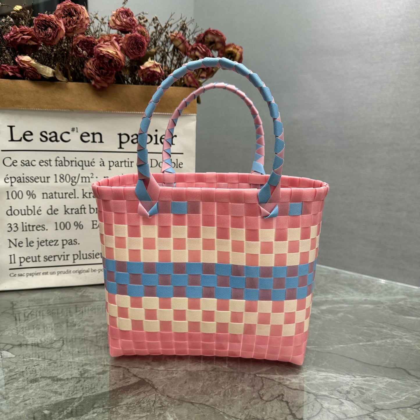 Women's Plastic Woven Gift Basket With Hand Fresh Handbags