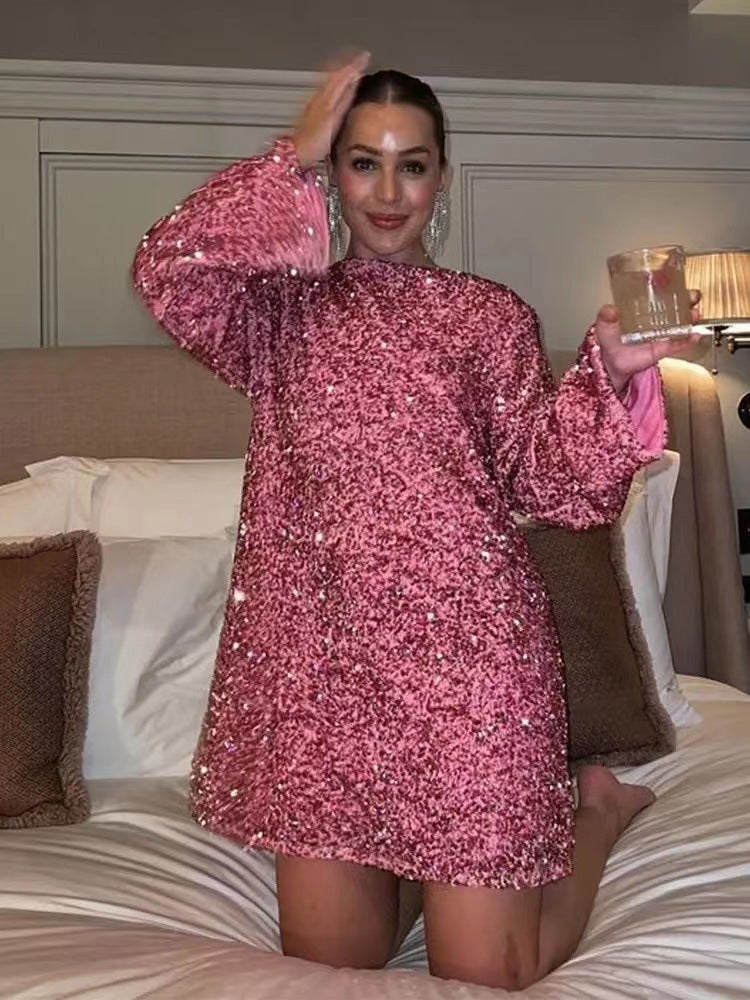 Women's Round Neck Long Sleeve Loose Sequins Glitter Backless Plus Size