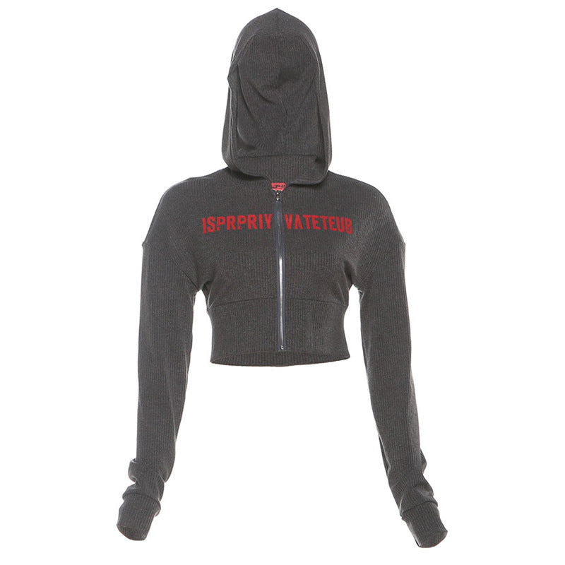 Women's Retro Letter Printed Hooded Knit Casual Figure Coats