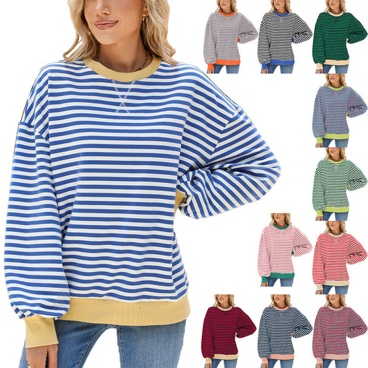 Women's Round Neck Contrast Color Loose Long Sleeve Women's Sweater, Sweater