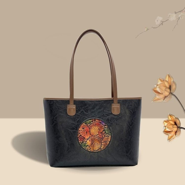 Women's Ethnic Style Leather Carving Goldfish High-grade Tote Bags