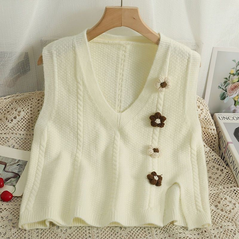 Artistic Retro Split Solid Color Three-dimensional Flower Loose Outer Women's Vest