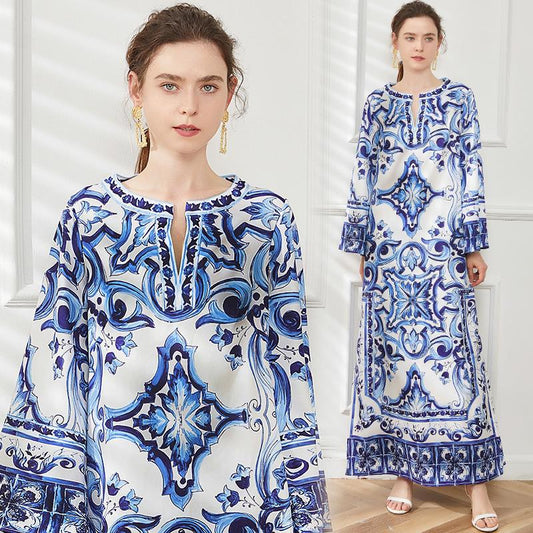 Women's Porcelain Printed Dress Summer Seaside Holiday Dresses