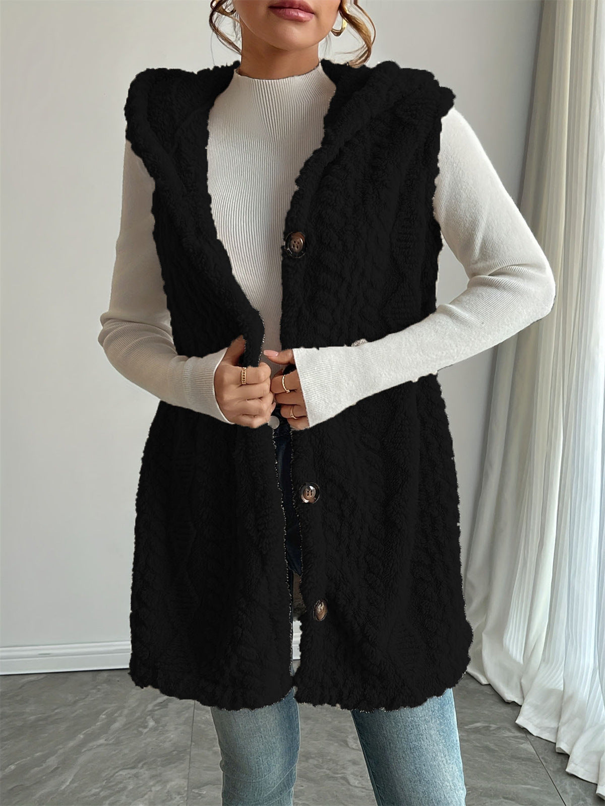 Solid Color Double-sided Plush Hooded Button Women's Vest